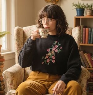 BonWorth Grandmacore Navy Blue & Pink Embroidered Sweatshirt with Flowers Birds